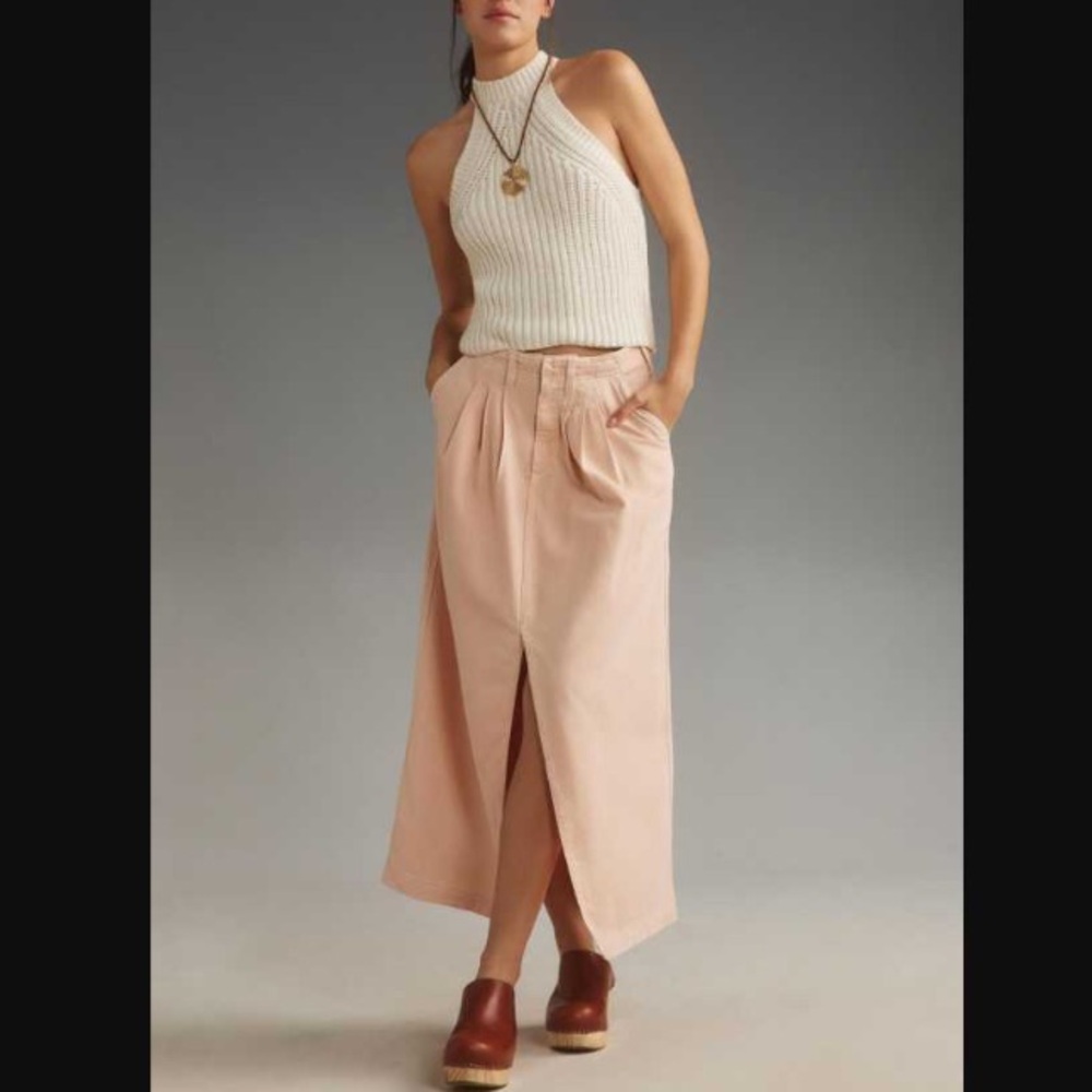 Pilcro Anthropologie Pleated Slouchy Trouser Pink Maxi Skirt Middle Slit Detail